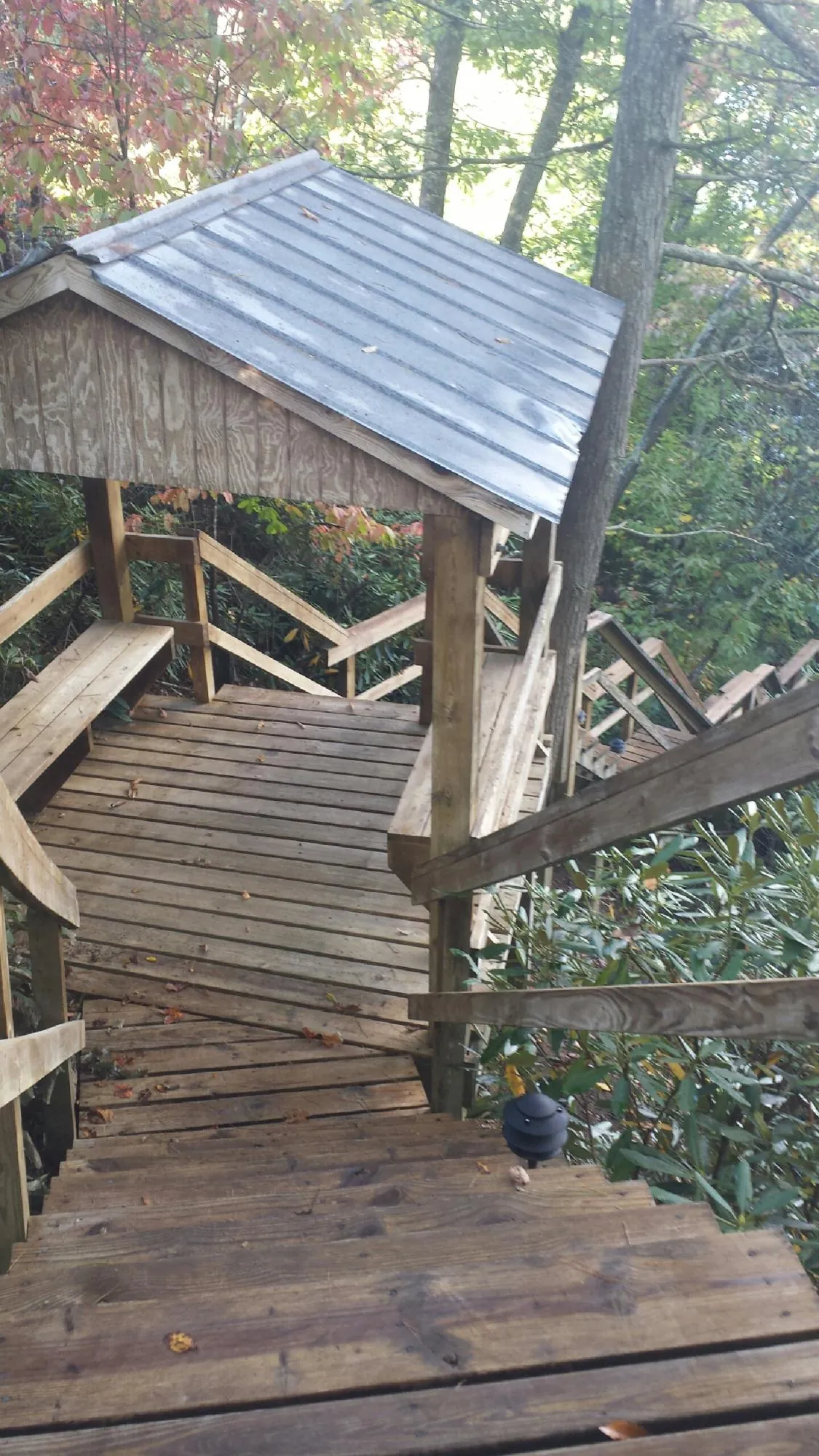 Metal roofed shelter over wooden steps on a wooded walkway — Skylight Repair & Installation work by our crew in Daisytown